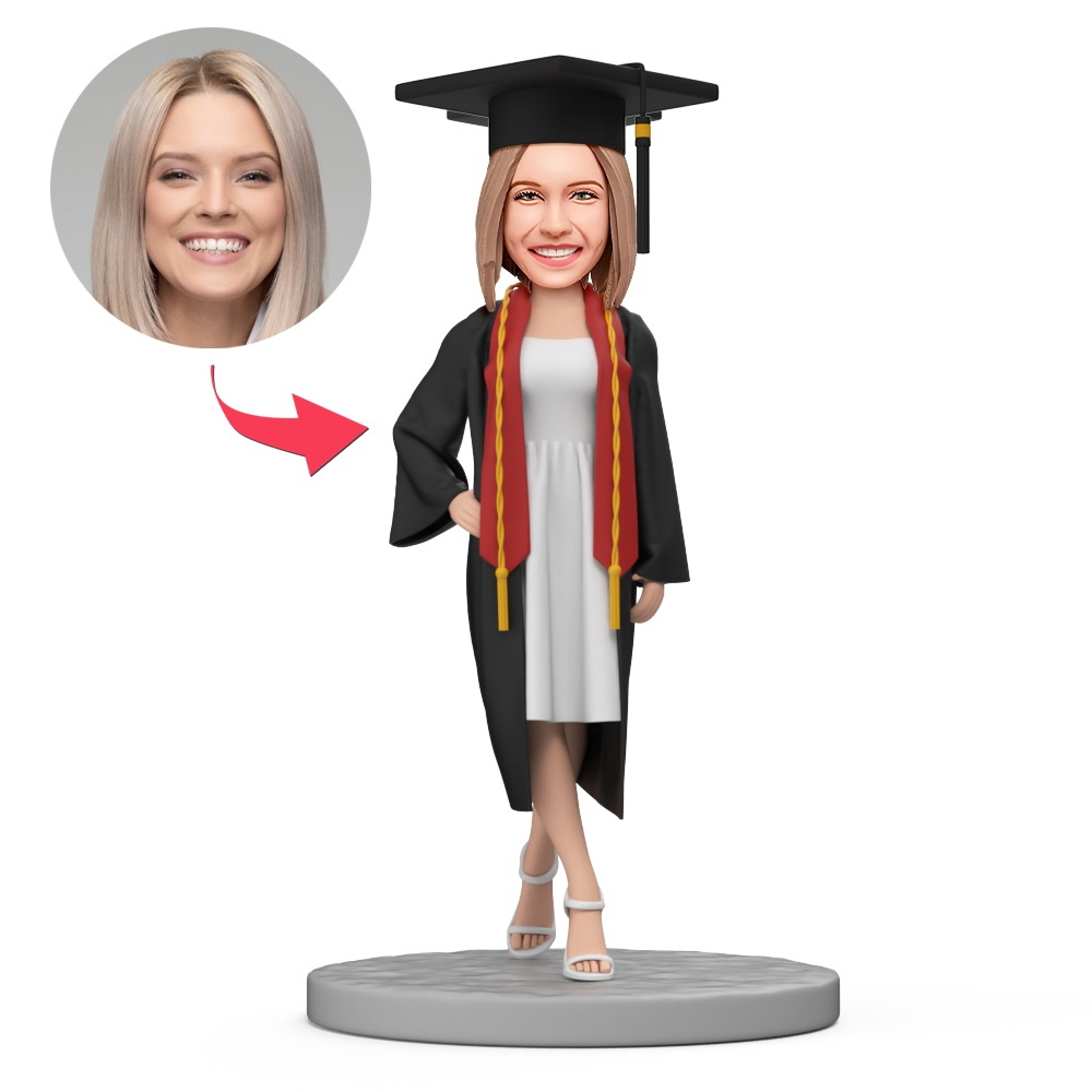 Graduating Student in White Dress and Graduation Gown Custom Bobblehead with Engraved Text - MyFaceBobbleheads