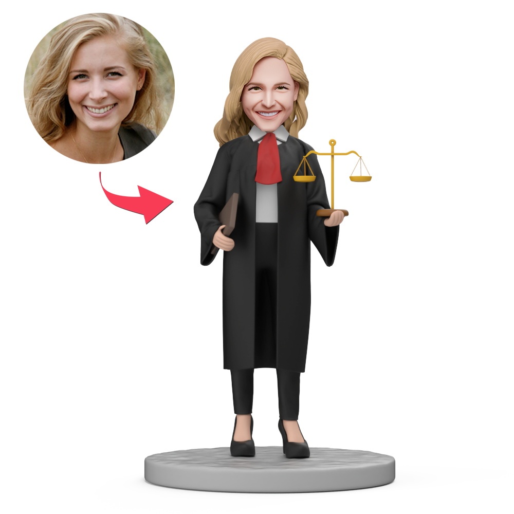 Female Judge Hold Scales of Justice Custom Bobblehead with Engraved Text - MyFaceBobbleheads