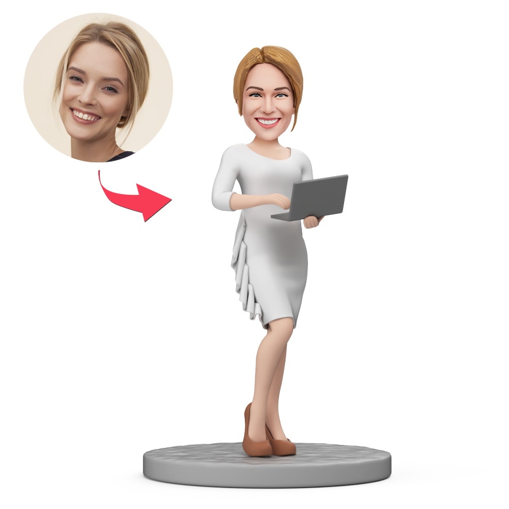 Female Modern Wear White Dress Hold Laptop Custom Bobblehead with Engraved Text - MyFaceBobbleheads
