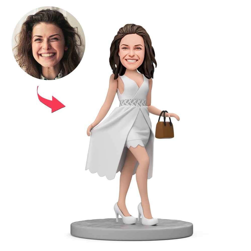 Lady Hold Handbag in a Sexy White Dress Custom Bobblehead with Engraved Text - MyFaceBobbleheads