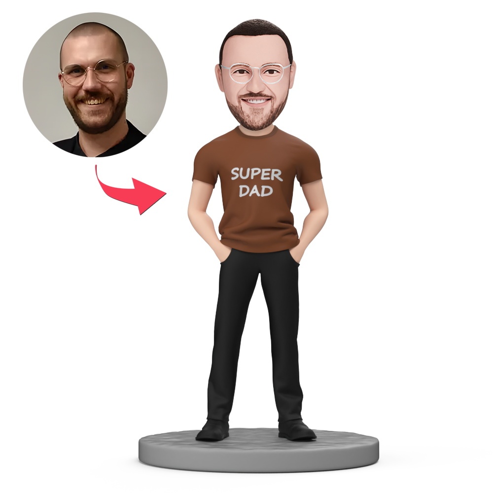Father's Day Gifts Dad Wear Brown Shirt and Black Pants Custom Bobblehead with Engraved Text - MyFaceBobbleheads