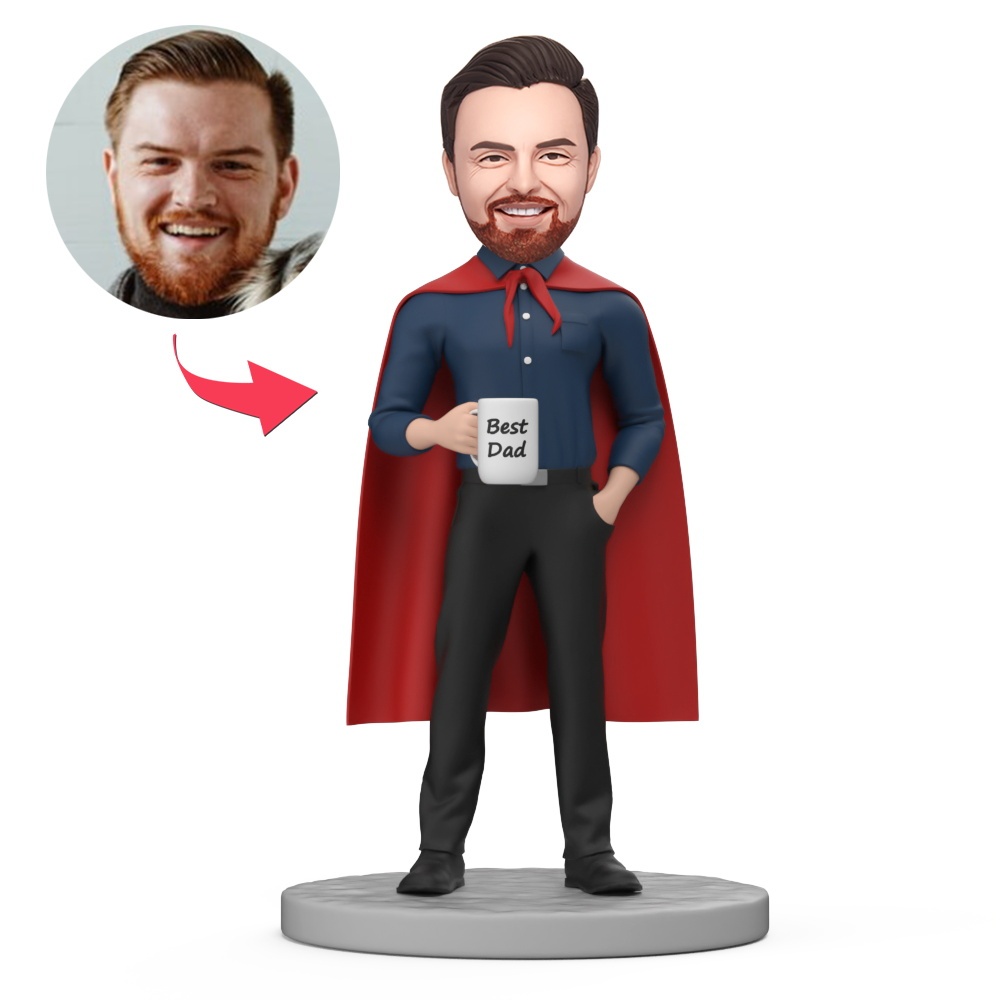 Business Dad Wear Red Cape Custom Bobblehead with Engraved Text - MyFaceBobbleheads