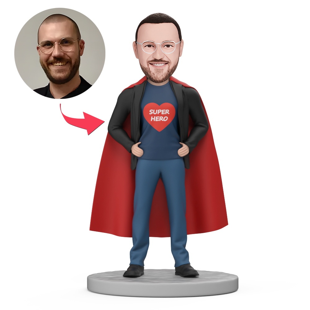 Super Hero Wear Black Suit and Red Cape Custom Bobblehead with Engraved Text - MyFaceBobbleheads