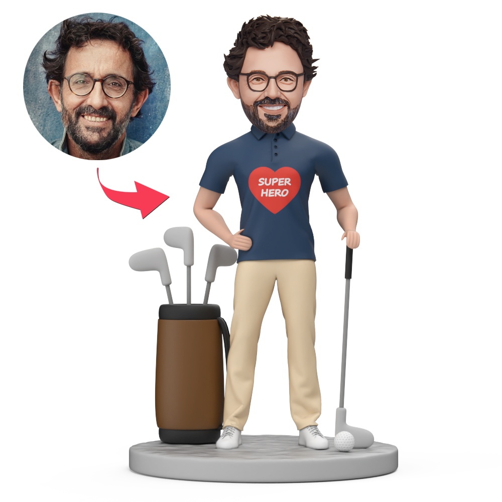 Gift for Dad Super Hero Play Golf Custom Bobblehead with Engraved Text - MyFaceBobbleheads