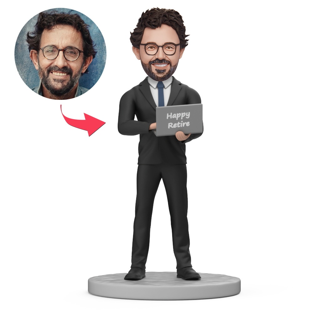 Male Happy Retire with Computer Custom Bobblehead with Engraved Text Gift for Retire - MyFaceBobbleheads