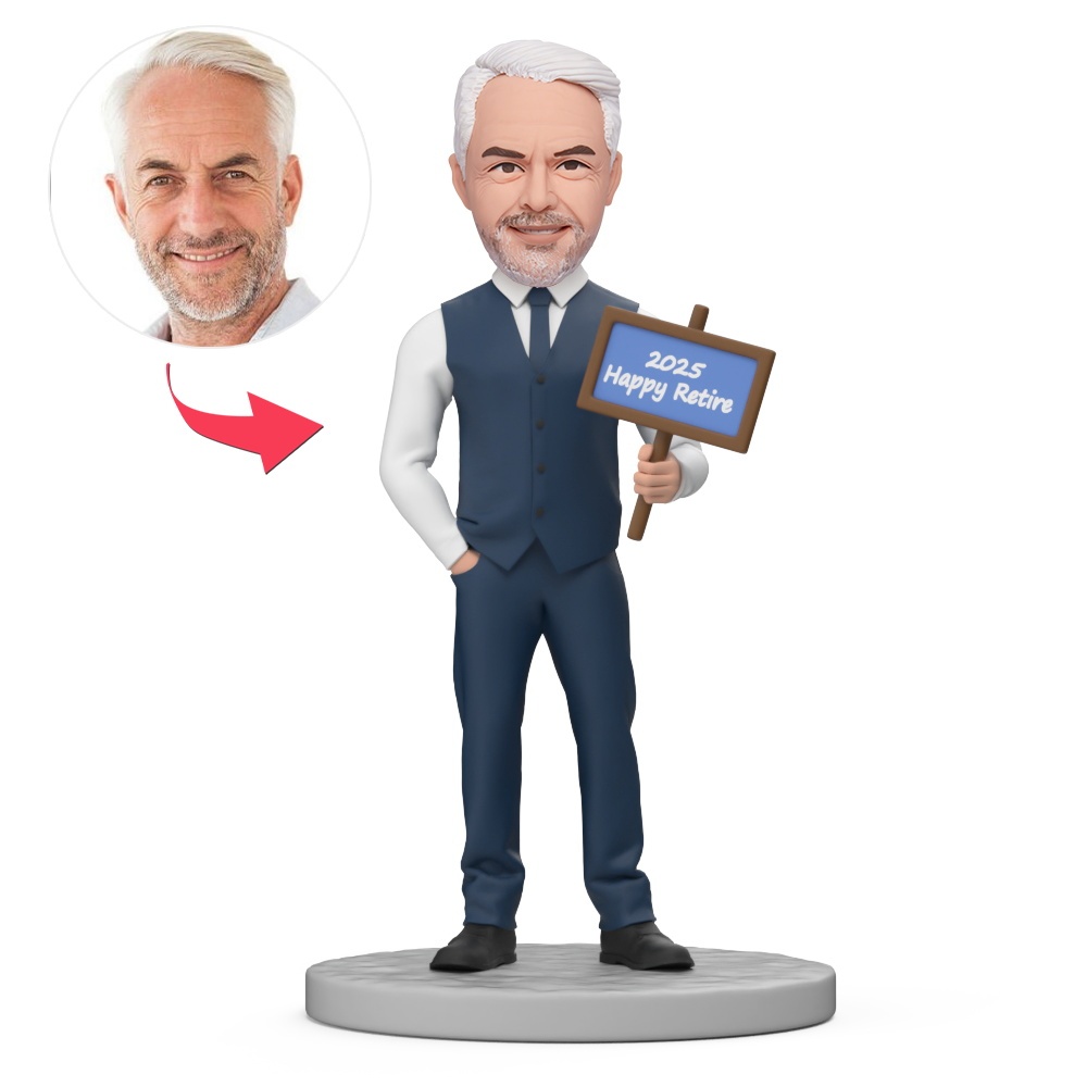 Man Wear Blue Work Uniform 2025 Happy Retire Custom Bobblehead with Engraved Text - MyFaceBobbleheads