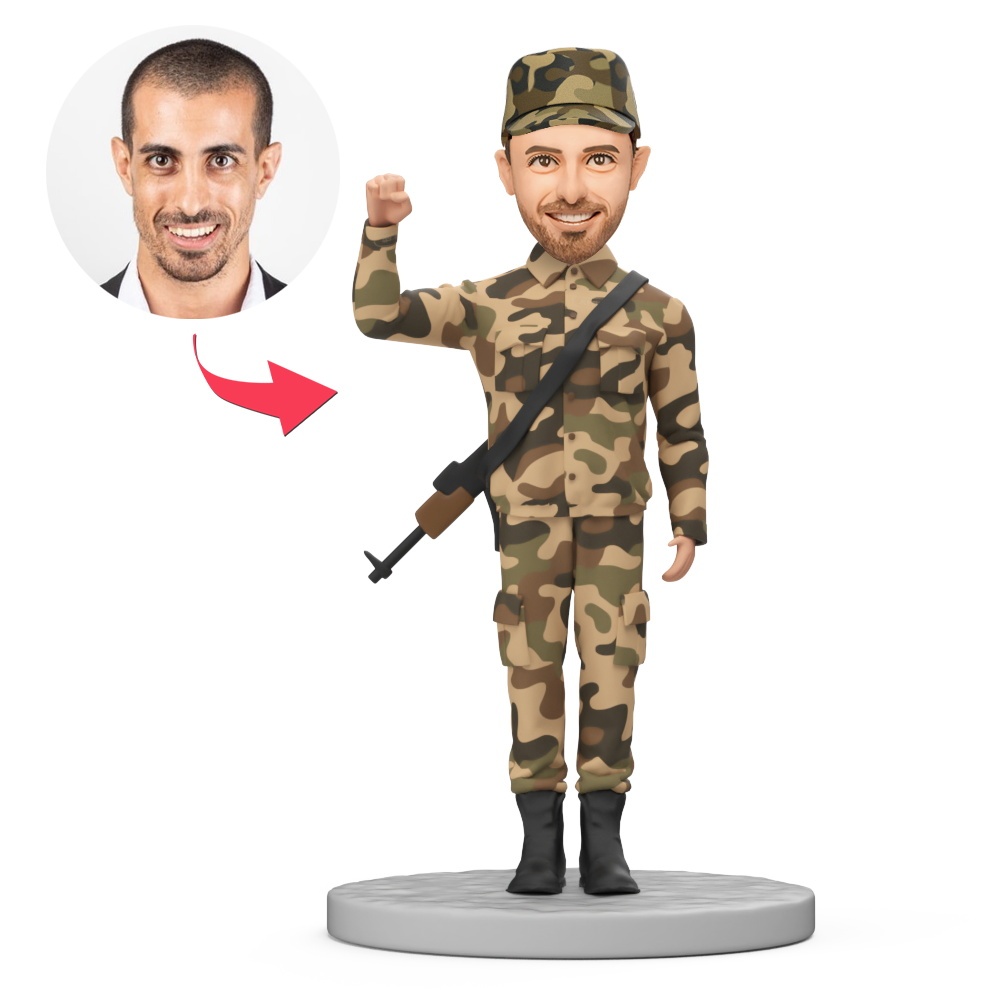 Man Soldier with Raised Fist Custom Bobblehead with Engraved Text - MyFaceBobbleheads