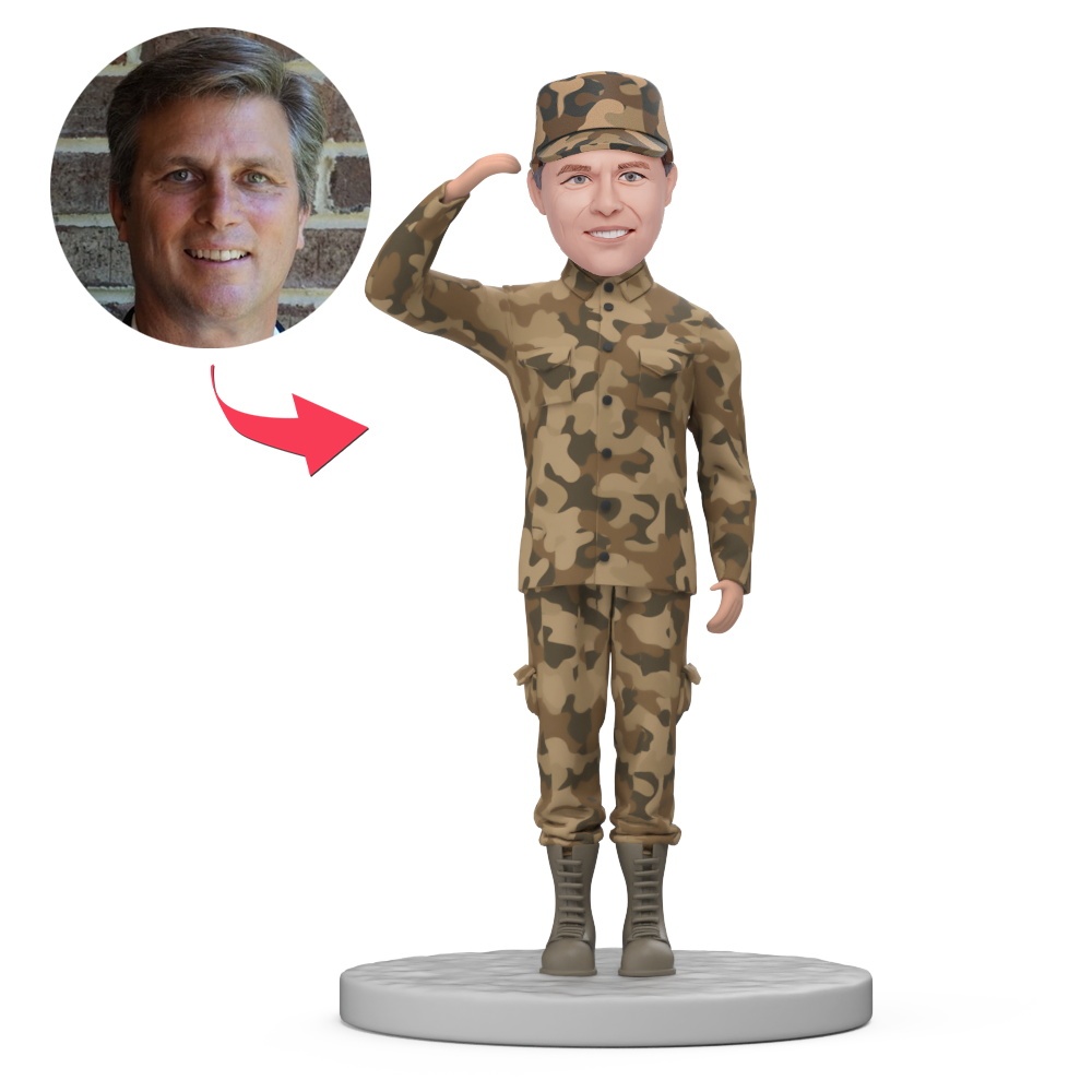 Military Man Salute Custom Bobblehead with Engraved Text - MyFaceBobbleheads