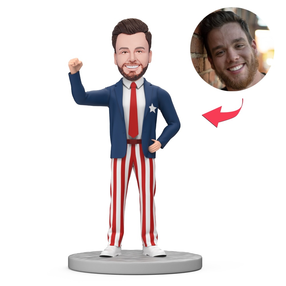 Independence Day Man Man Wear Blue Formal Suit Custom Bobblehead with Engraved Text