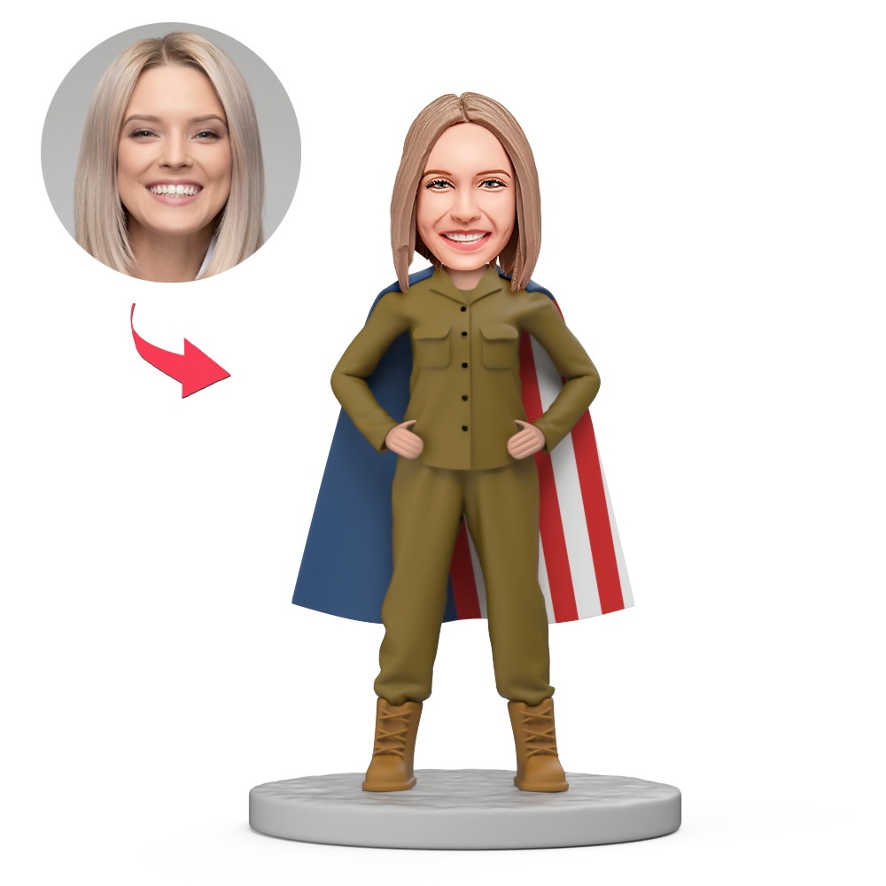 Female Soldier Custom Bobblehead with Engraved Text Gift for Independence Day