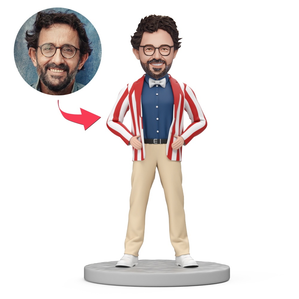 Man with Bow Tie Custom Bobblehead with Engraved Text Gift for Independence Day