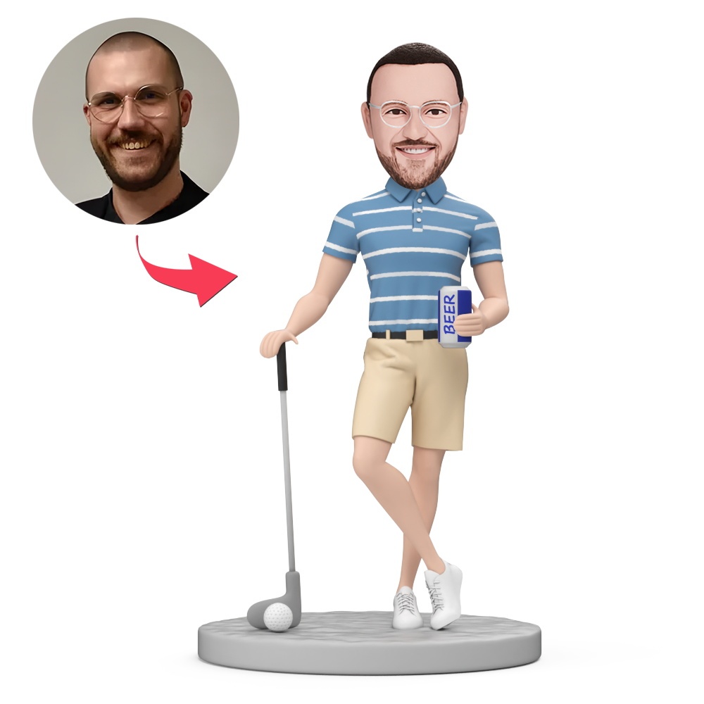 Man Play Golf Hold Beer Custom Bobblehead with Engraved Text - MyFaceBobbleheads