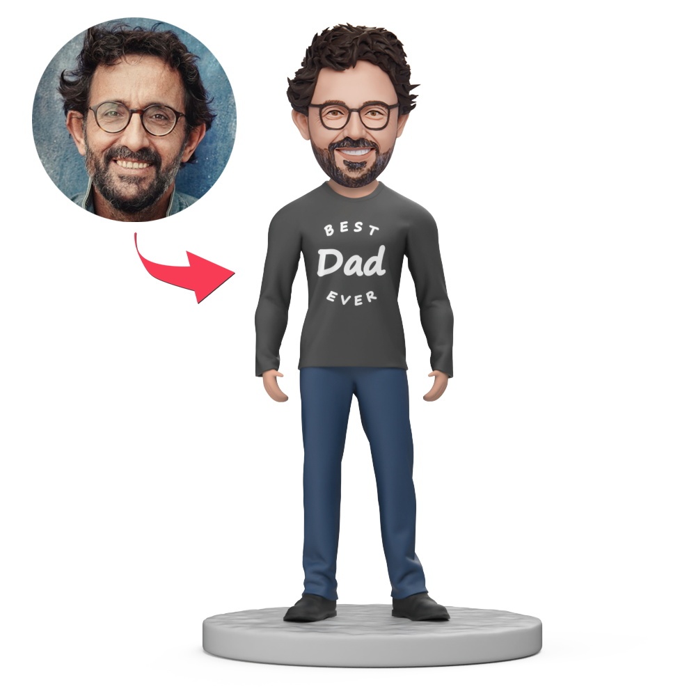 Father's Day Gift Man Wear Gray Cloth Best Dad Ever Custom Bobblehead with Engraved Text - MyFaceBobbleheads