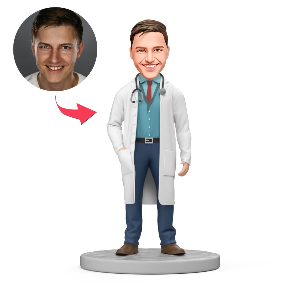 Male Doctor With Stethoscope Wear Blue Shirt Custom Bobblehead with Engraved Text - MyFaceBobbleheads