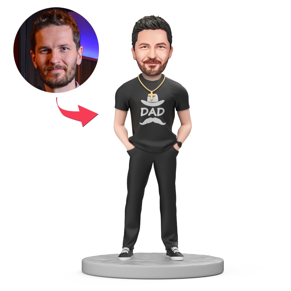 Father's Day Gift DAD Wear Black Cloth Custom Bobblehead with Engraved Text - MyFaceBobbleheads