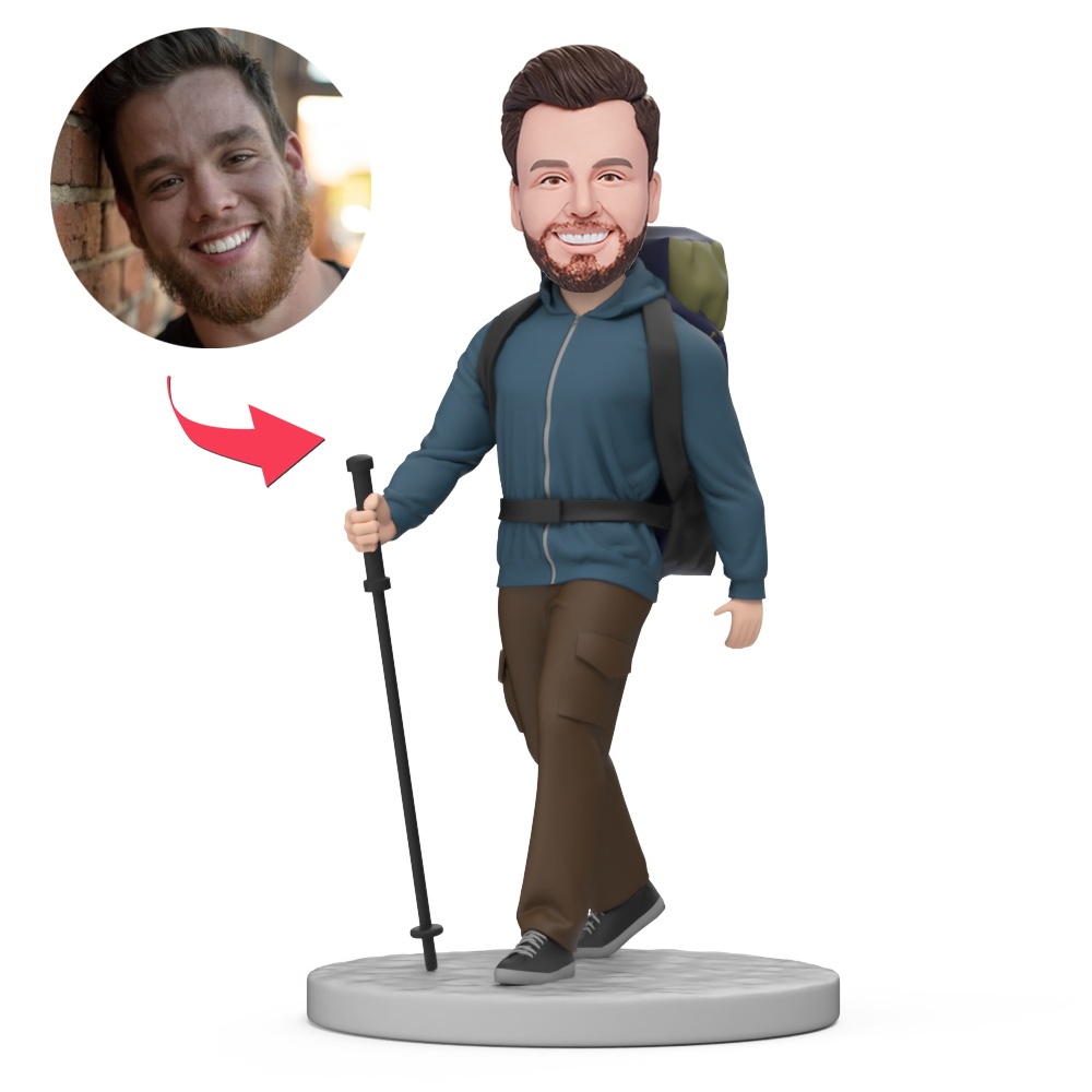 Man Wearing Blue Hike Jacket Carry Backpack Custom Bobblehead with Engraved Text - MyFaceBobbleheads
