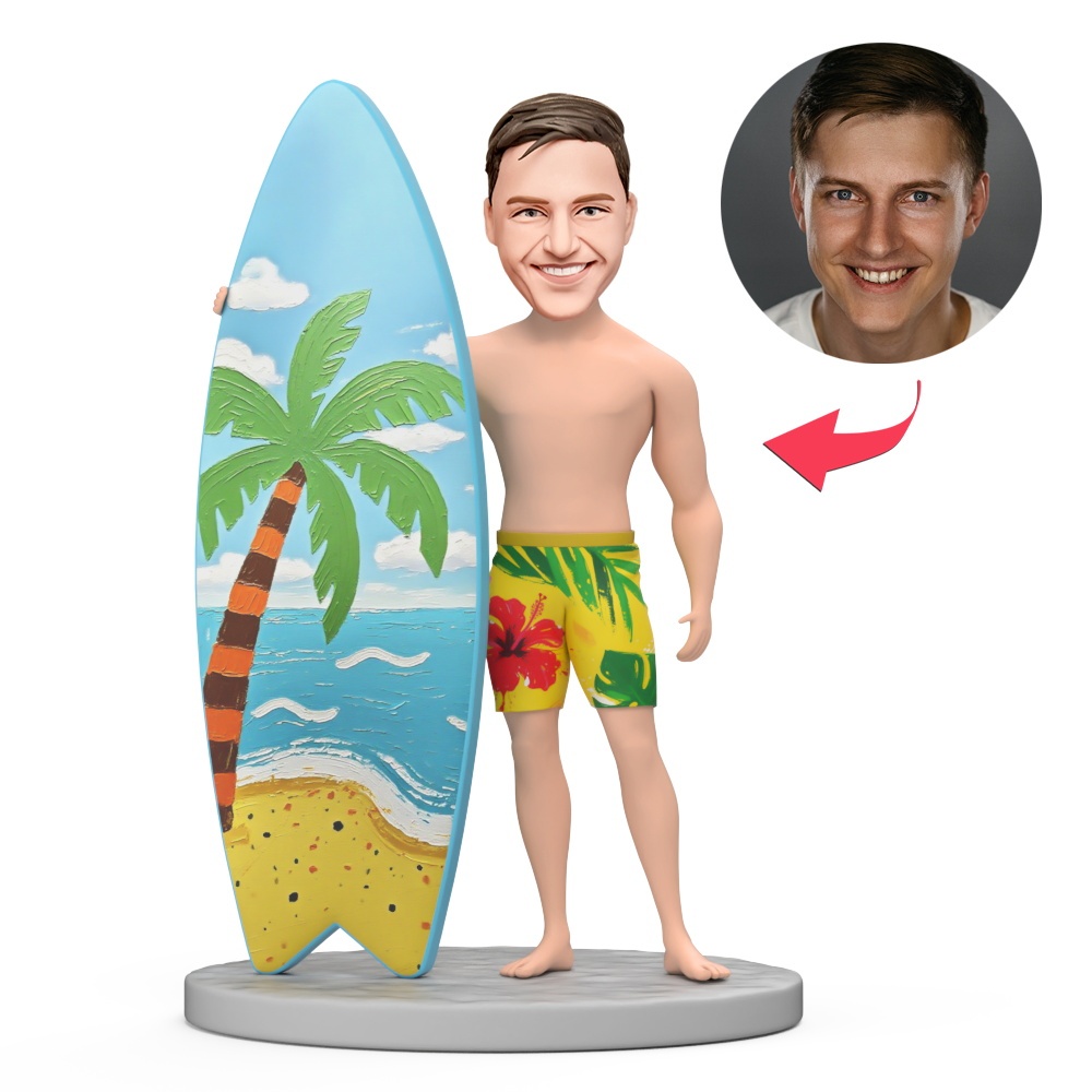 Hawaiian Man Surfing Custom Bobblehead with Engraved Text - MyFaceBobbleheads