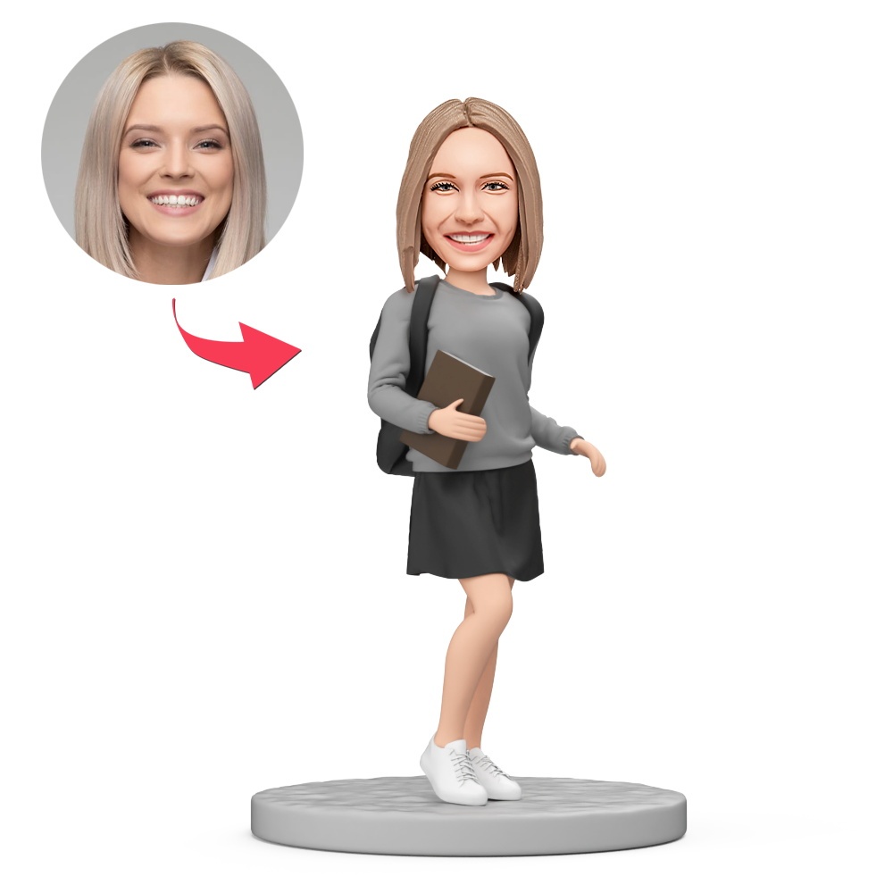 Female Students Wearing Gray Cloth Custom Bobblehead with Engraved Text - MyFaceBobbleheads