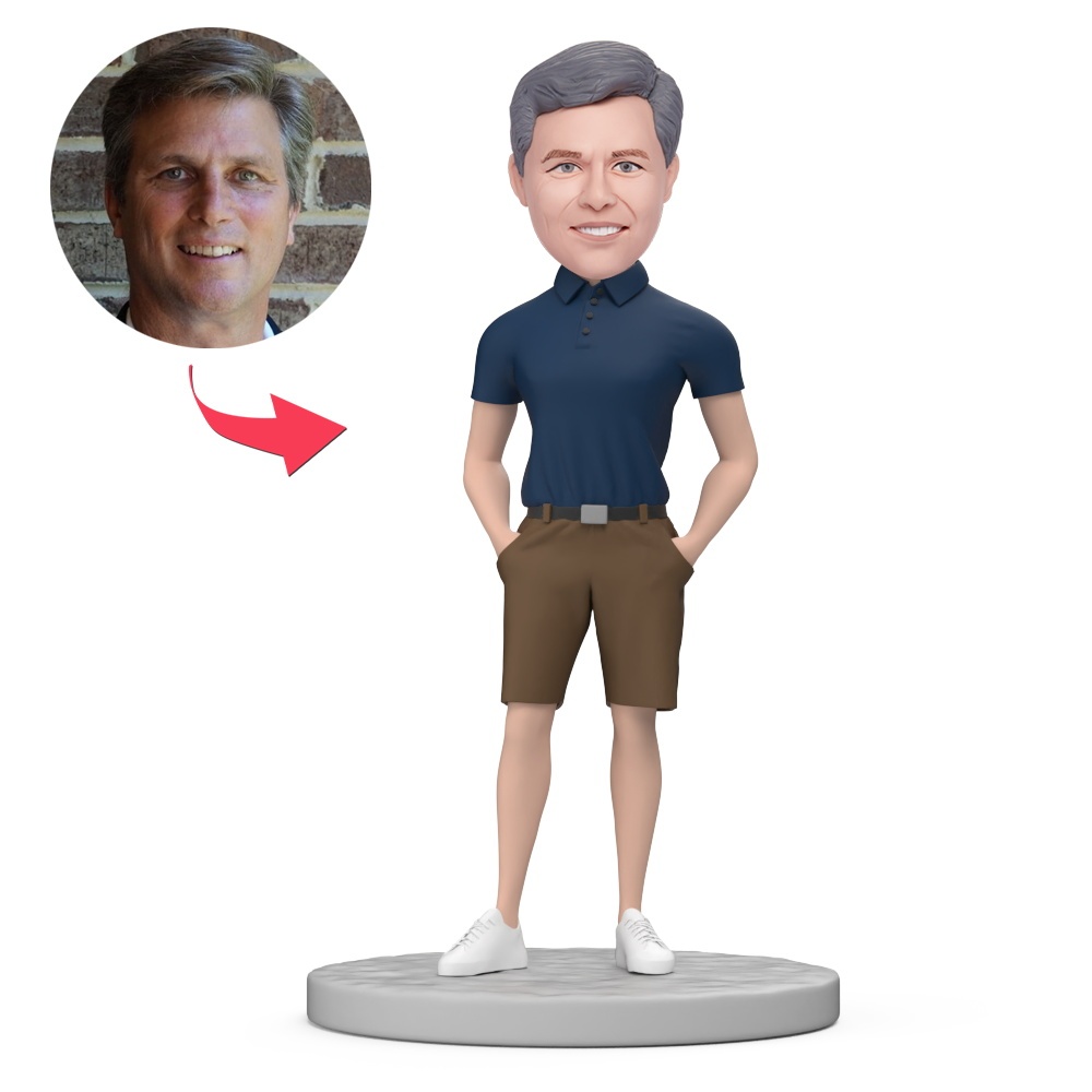 Man Wear Grey Shirt and Khaki Shorts Custom Bobblehead with Engraved Text - MyFaceBobbleheads