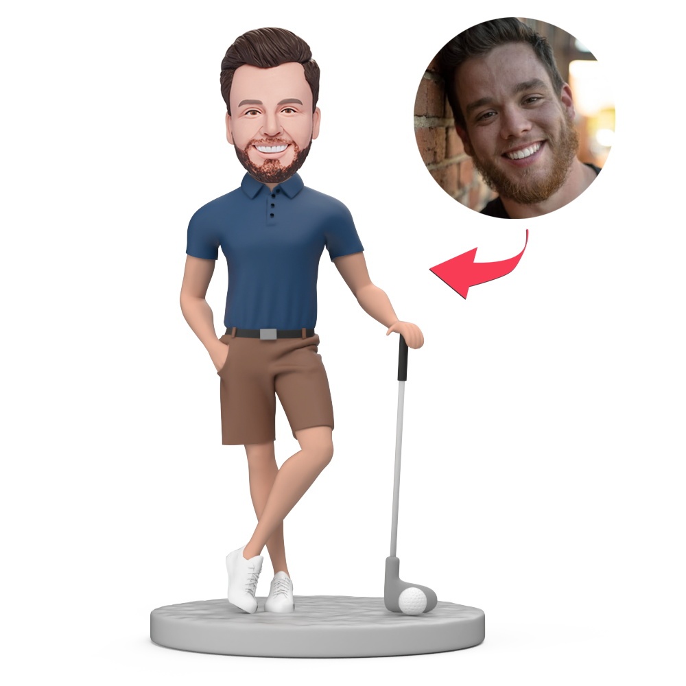 Man Play Golf Wear Blue Polo Shirt Custom Bobblehead with Engraved Text