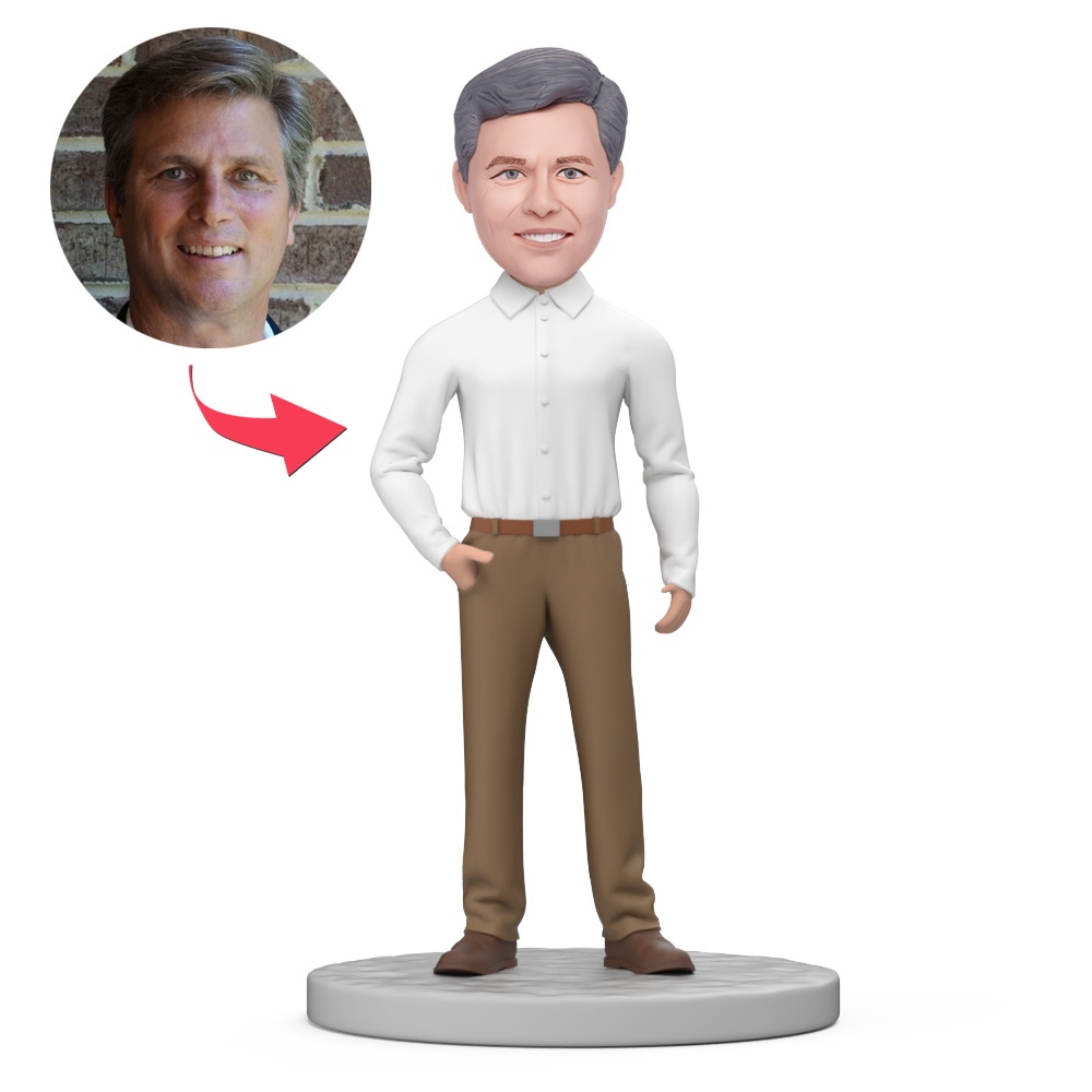 Business Man Wear White Shirt and Khaki Pants Custom Bobblehead with Engraved Text