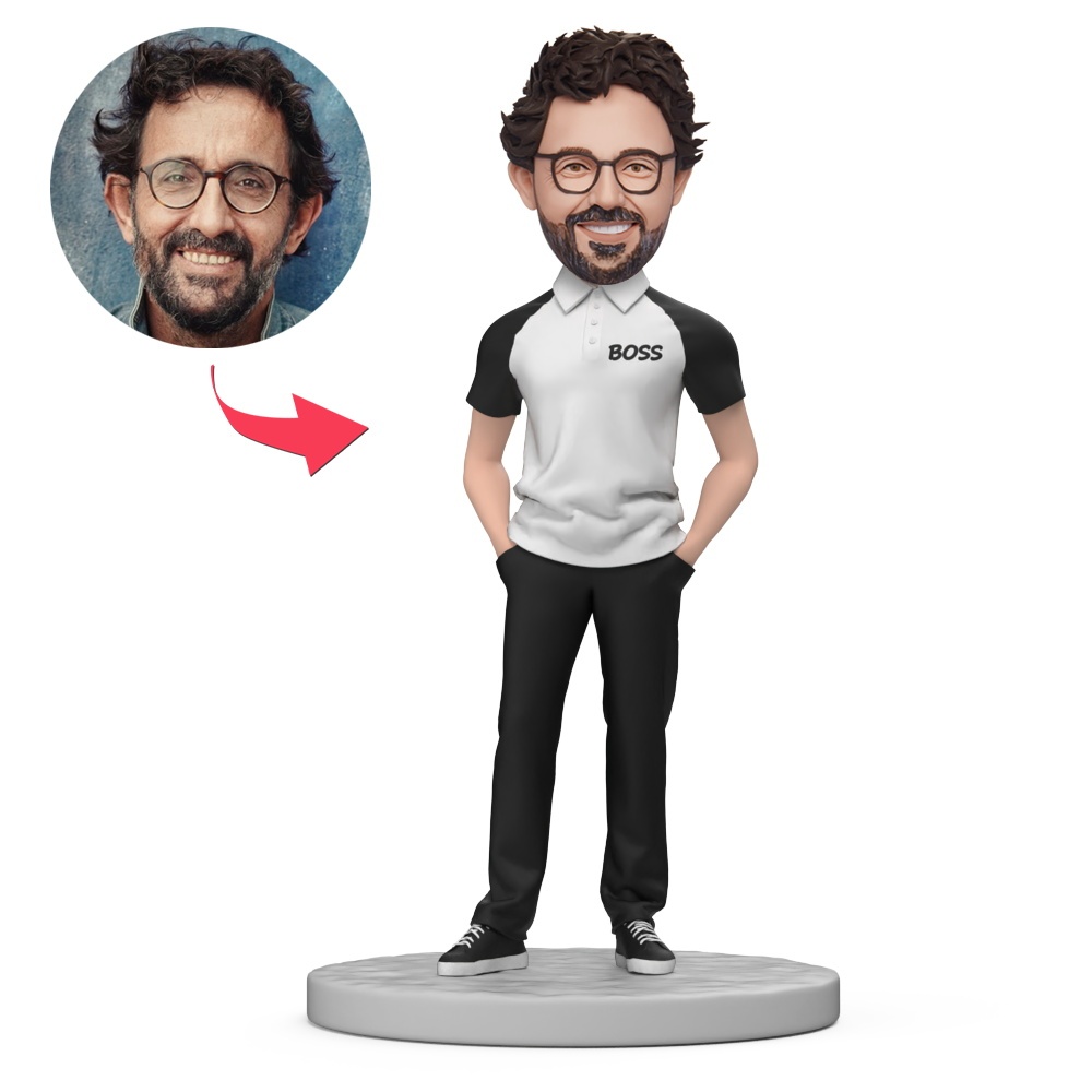 Sport Boss Wear Black and White Clothes Custom Bobblehead with Engraved Text
