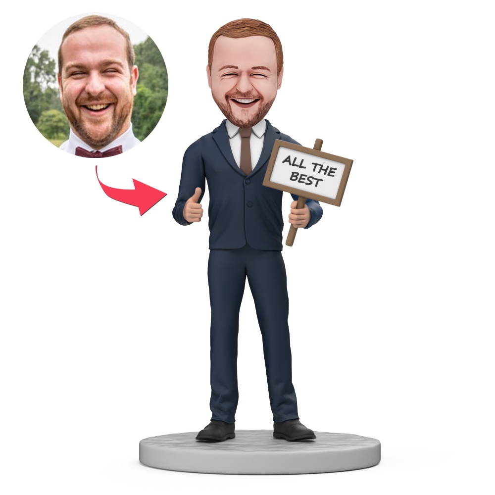 Man Wear Blue Business Suit All the Best Custom Bobblehead with Engraved Text