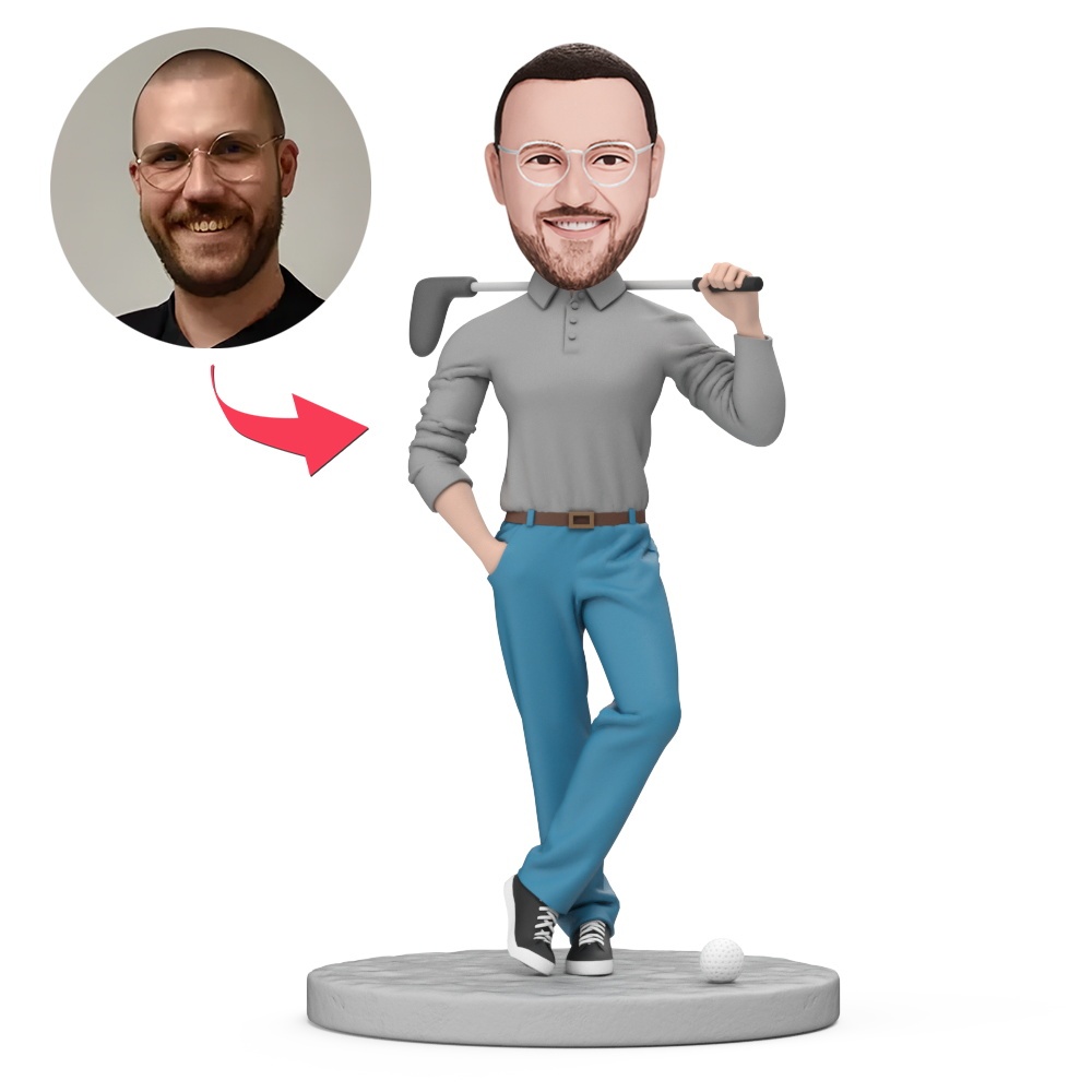 Business Man Play Golf Wear Gray Cloth Custom Bobblehead with Engraved Text