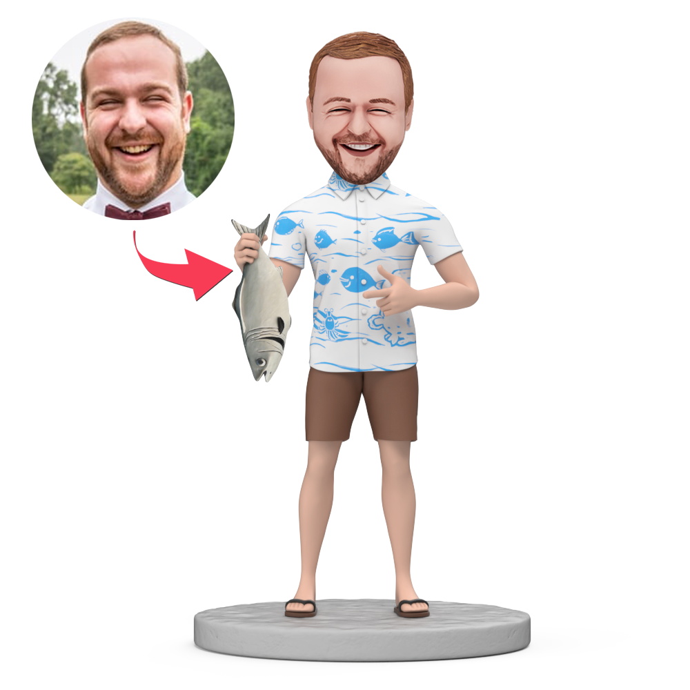 Man Fishing in Hawaii Custom Bobblehead with Engraved Text