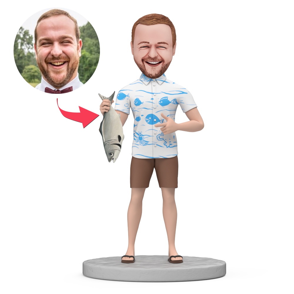 Man Fishing in Hawaii Custom Bobblehead with Engraved Text