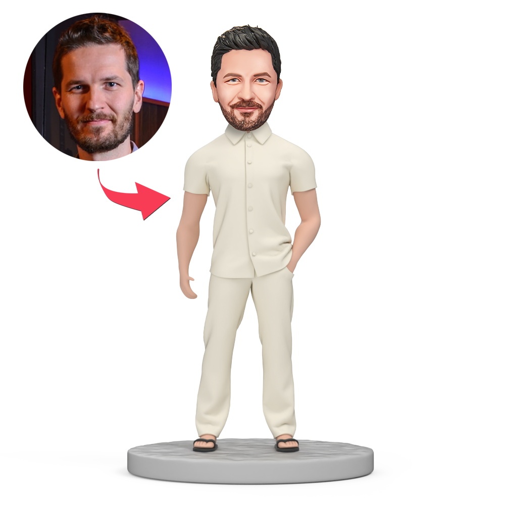 Male Boss Wear Casual Beige Shirt Custom Bobblehead with Engraved Text - MyFaceBobbleheads