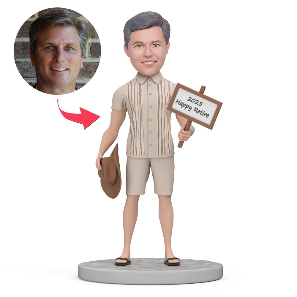 2025 Happy Retire Male Boss on Vacation Custom Bobblehead with Engraved Text - MyFaceBobbleheads