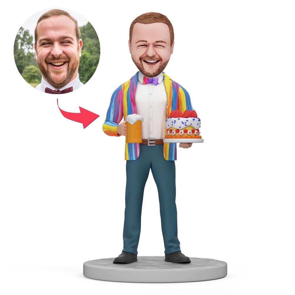 Happy Birthday Man Hold Beer Custom Bobblehead with Engraved Text - MyFaceBobbleheads
