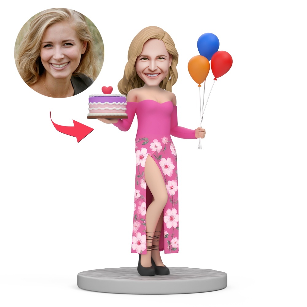 Happy Birthday Hold Balloons Female Custom Bobblehead with Engraved Text - MyFaceBobbleheads