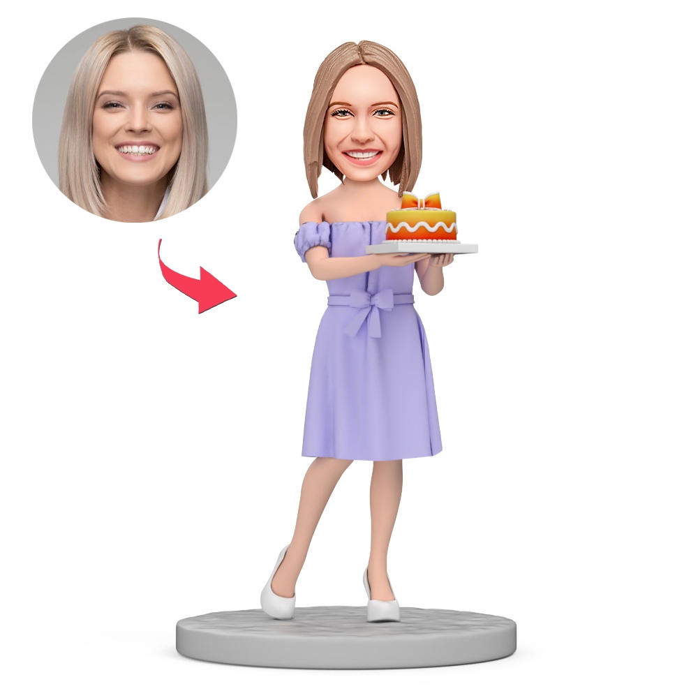 Happy Birthday Woman Hold Cake Custom Bobblehead with Engraved Text - MyFaceBobbleheads