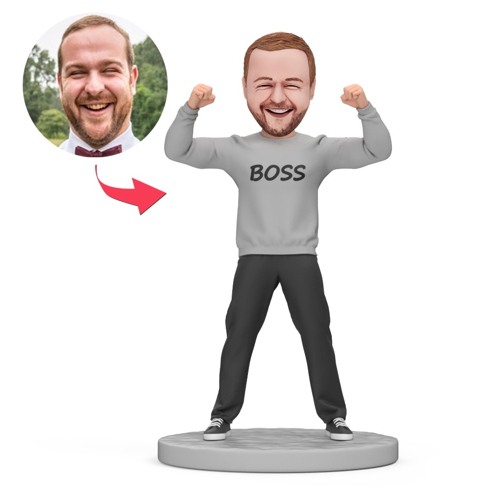 Strong Male Boss Wear Gray Clothes Custom Bobblehead with Engraved Text - MyFaceBobbleheads