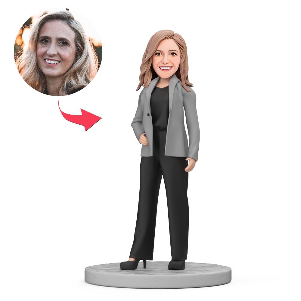 Custom Female in Gray Suit Wearing High Heels Custom Bobblehead With Engraved Text Gift - MyFaceBobbleheads