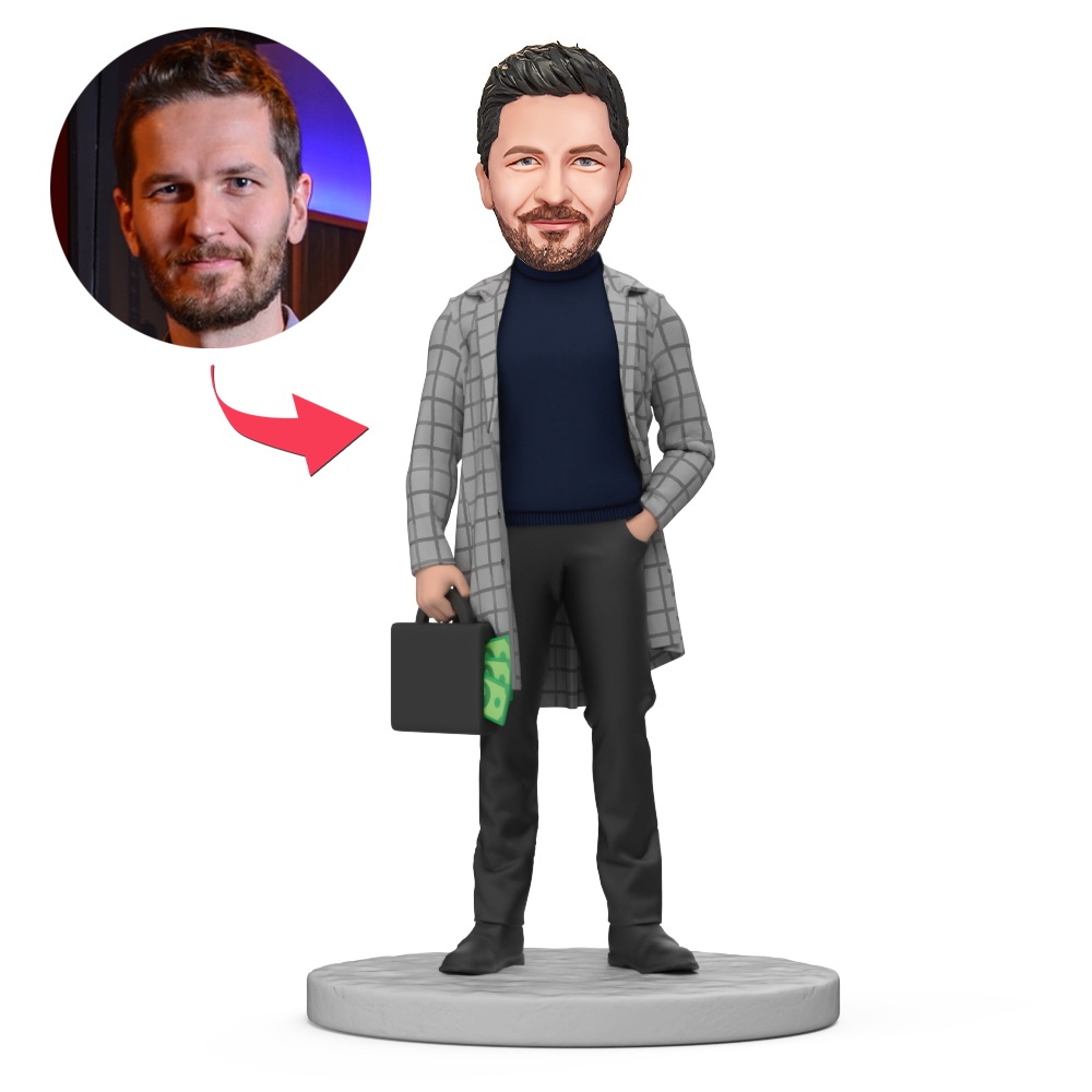 Custom Male in Gray Suit Holding Handbag Custom Bobblehead With Engraved Text Gift - MyFaceBobbleheads