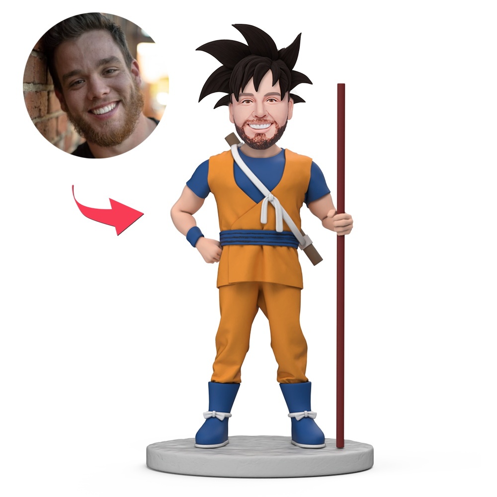 Man in Blue Orange Sports Suit Holding a Stick Custom Bobblehead With Engraved Text Gift - MyFaceBobbleheads