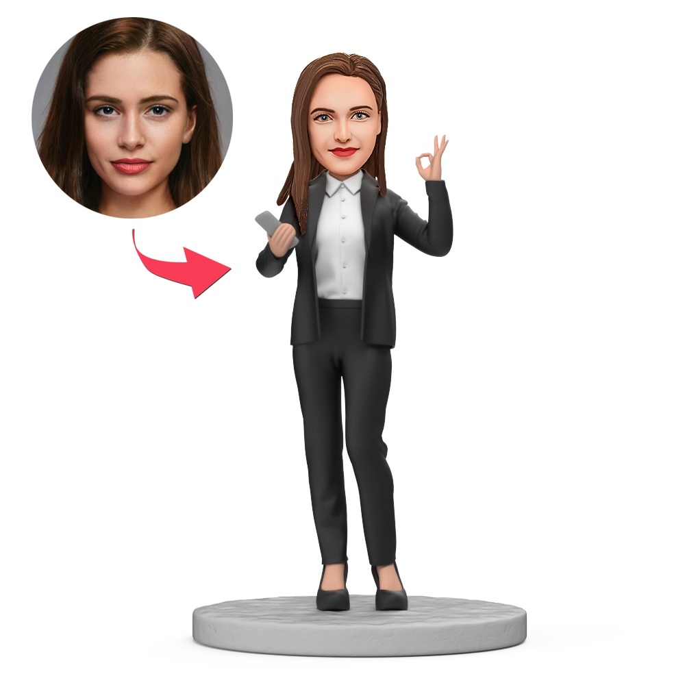 Custom Female in Black Suit Holding Money Custom Bobblehead With Engraved Text Gift - MyFaceBobbleheads