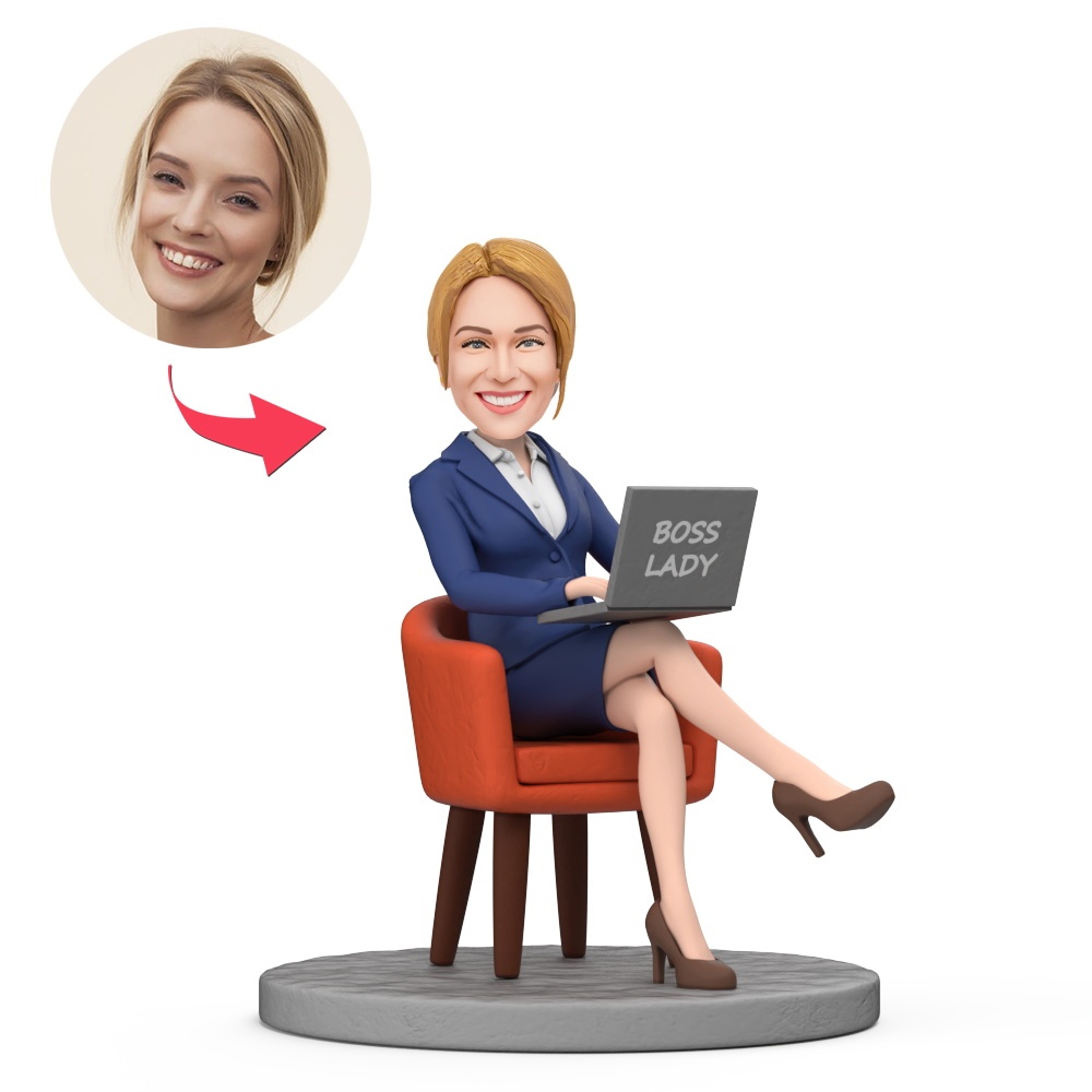 Custom Female Boss in Blue Suit Holding Computer Sitting on Chair Custom Bobblehead With Engraved Text Gift for Boss's Day - MyFaceBobbleheads