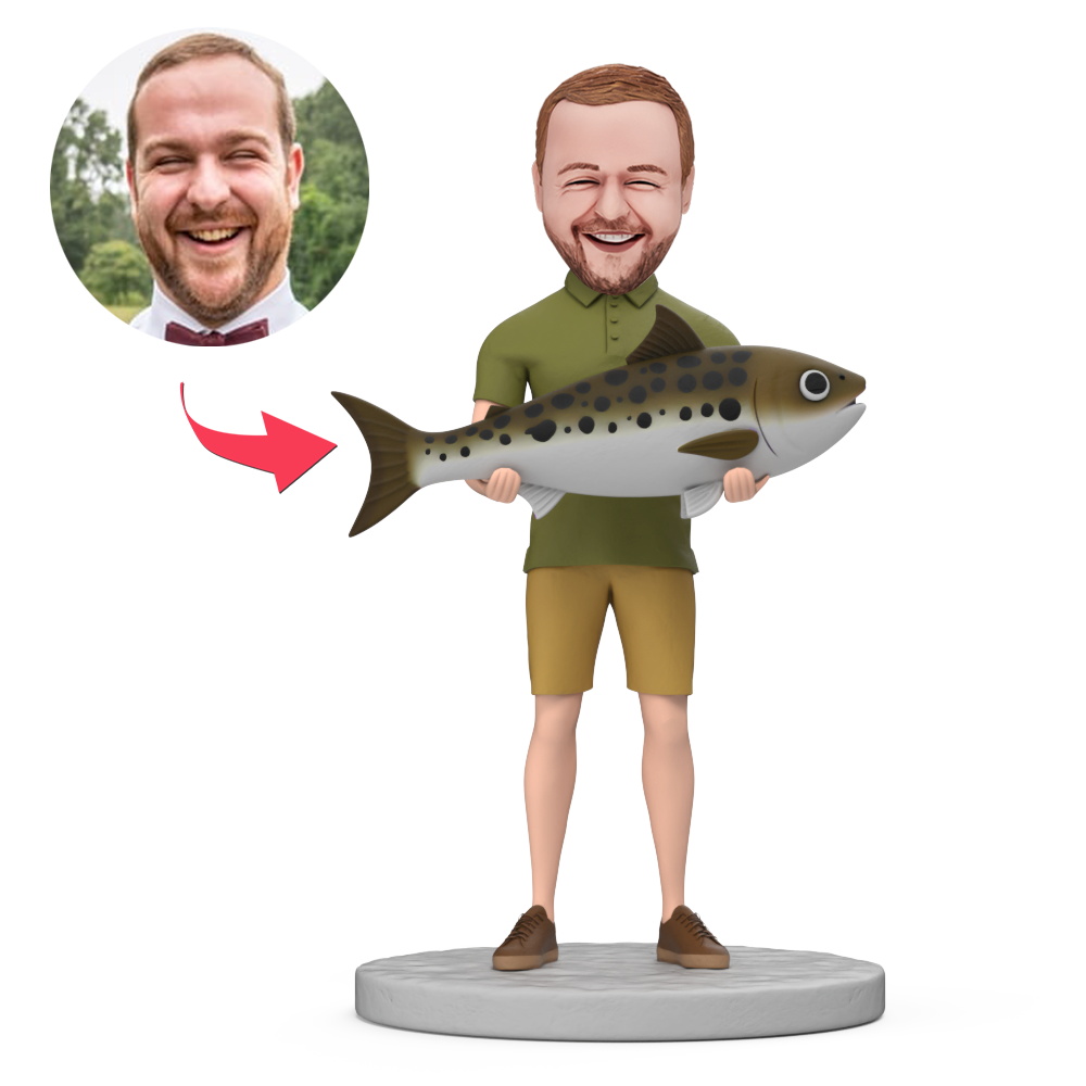 Man Holding Big Fish Custom Bobblehead with Engraved Text Gift