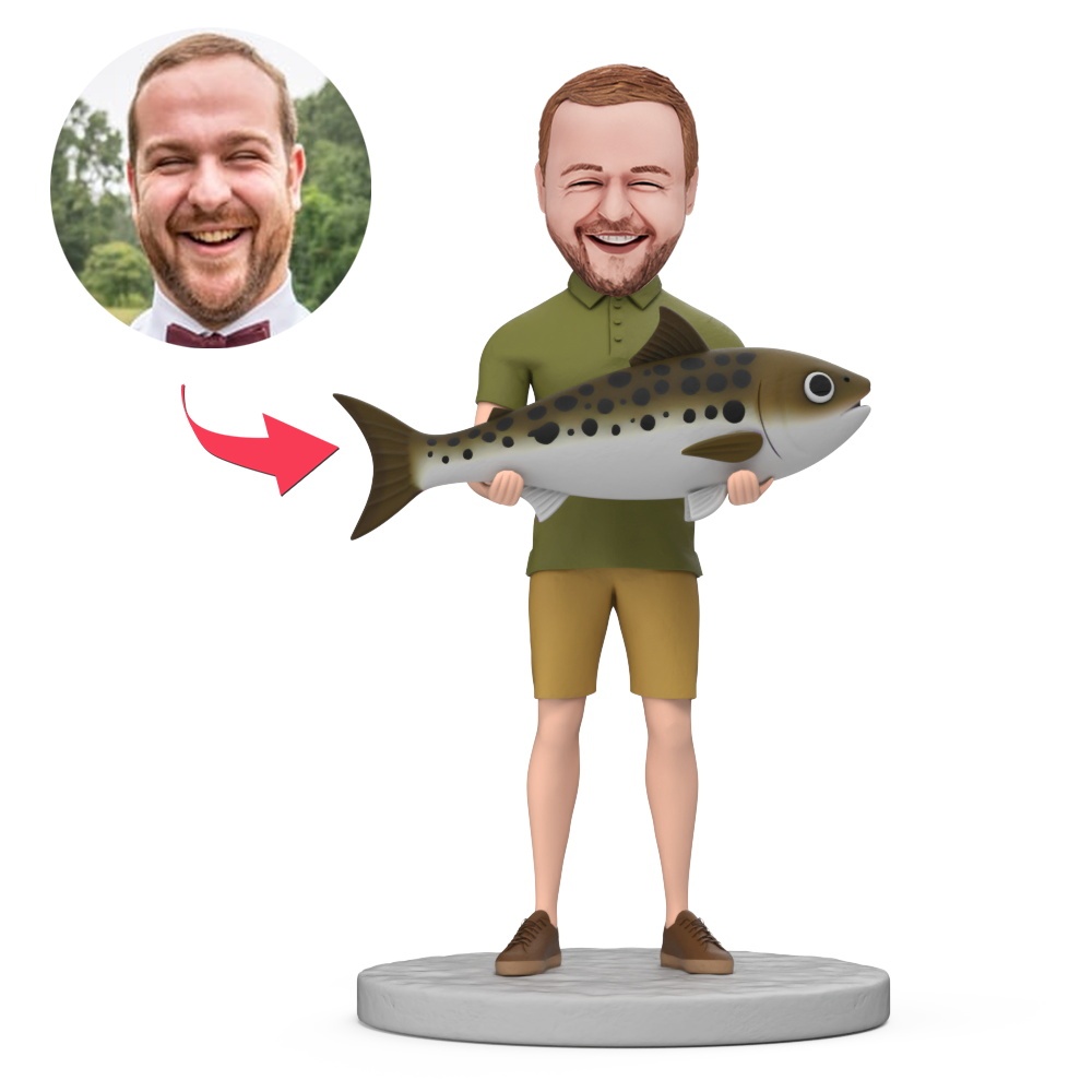 Man Holding Big Fish Custom Bobblehead With Engraved Text Gift