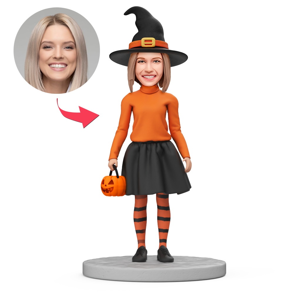 Female Witch Holding A Pumpkin Lantern Custom Bobblehead With Engraved