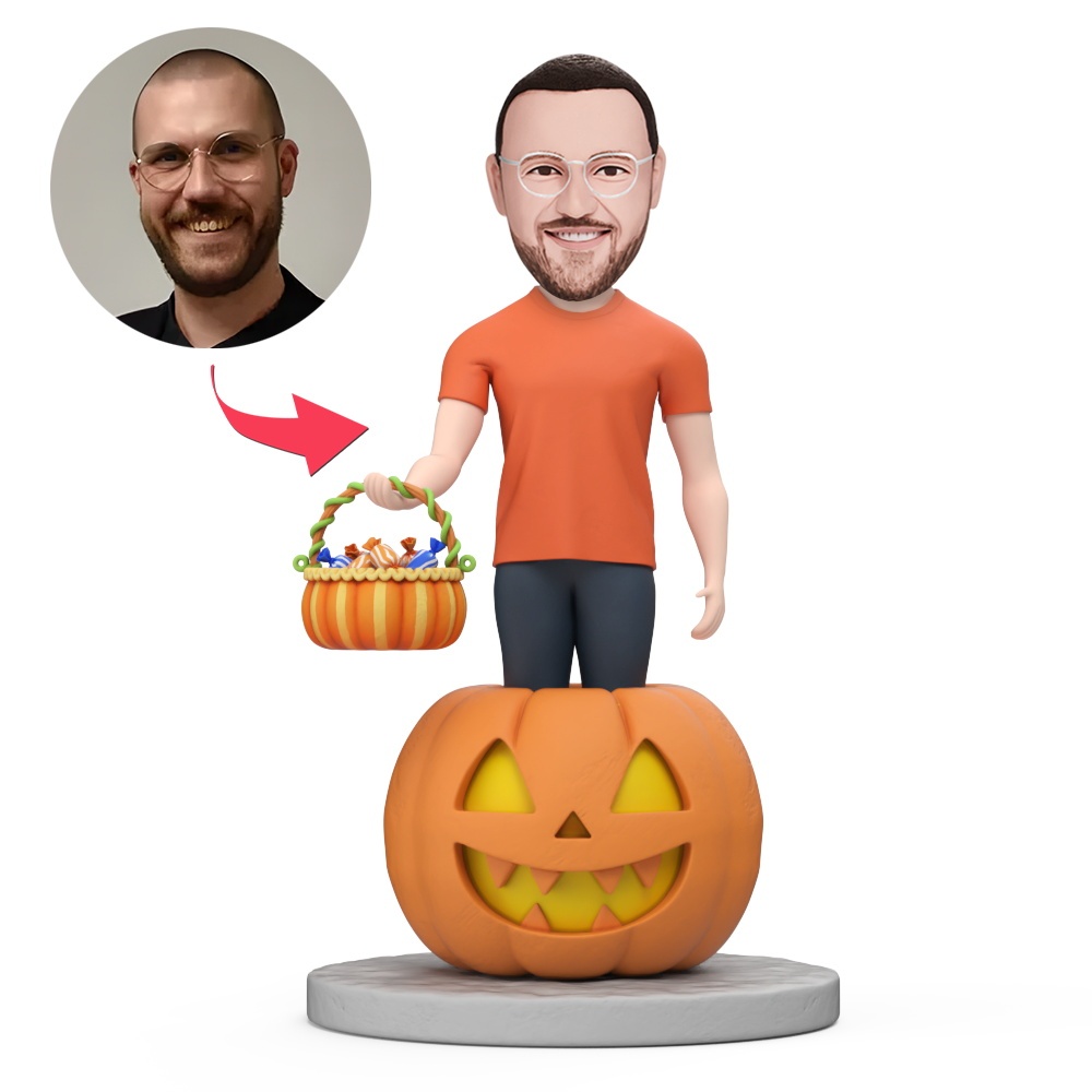 Male Man In The Pumpkin Custom Bobblehead With Engraved Text Gift For Halloween