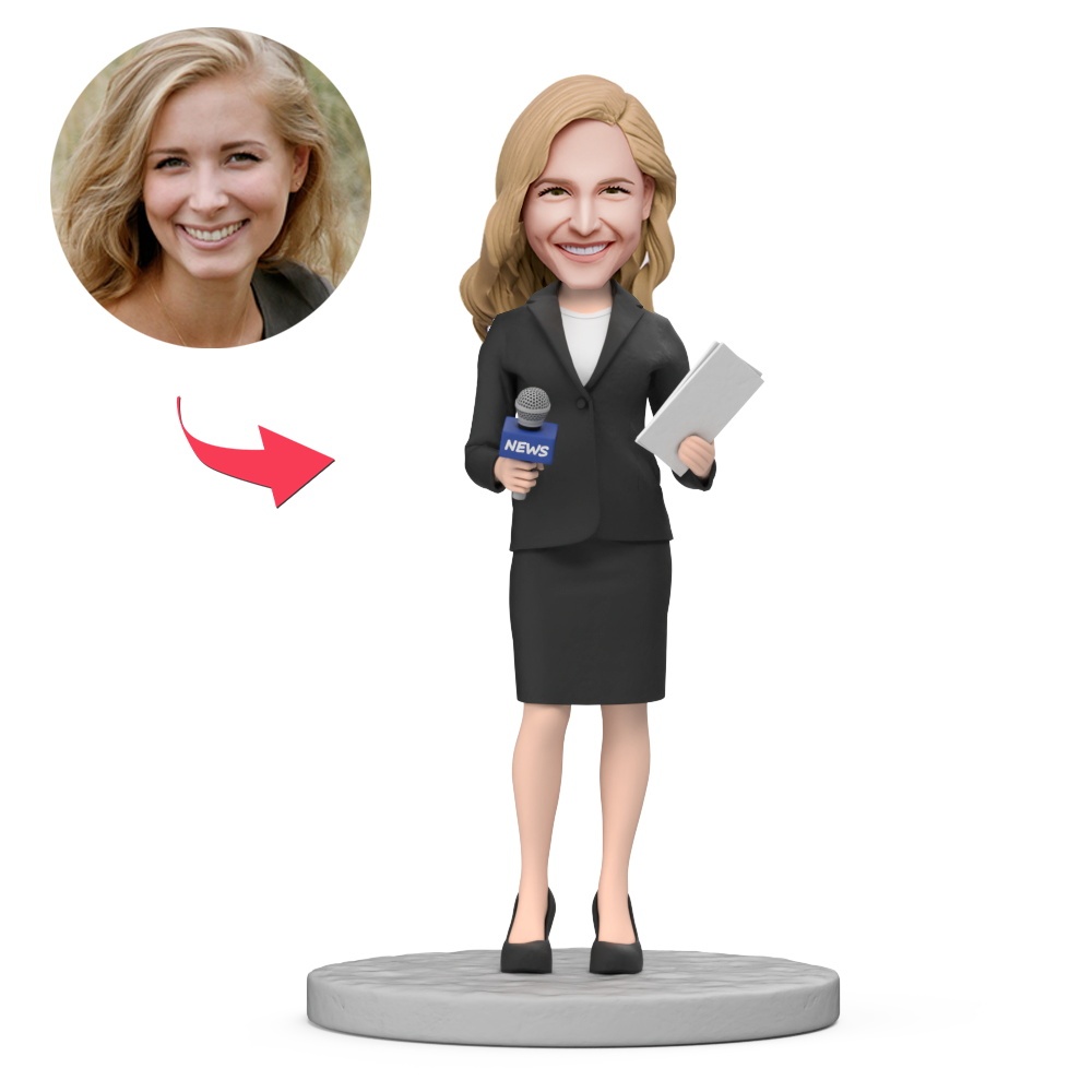 Female News Reporter Holding Microphone Custom Bobblehead With Engraved Text Gift