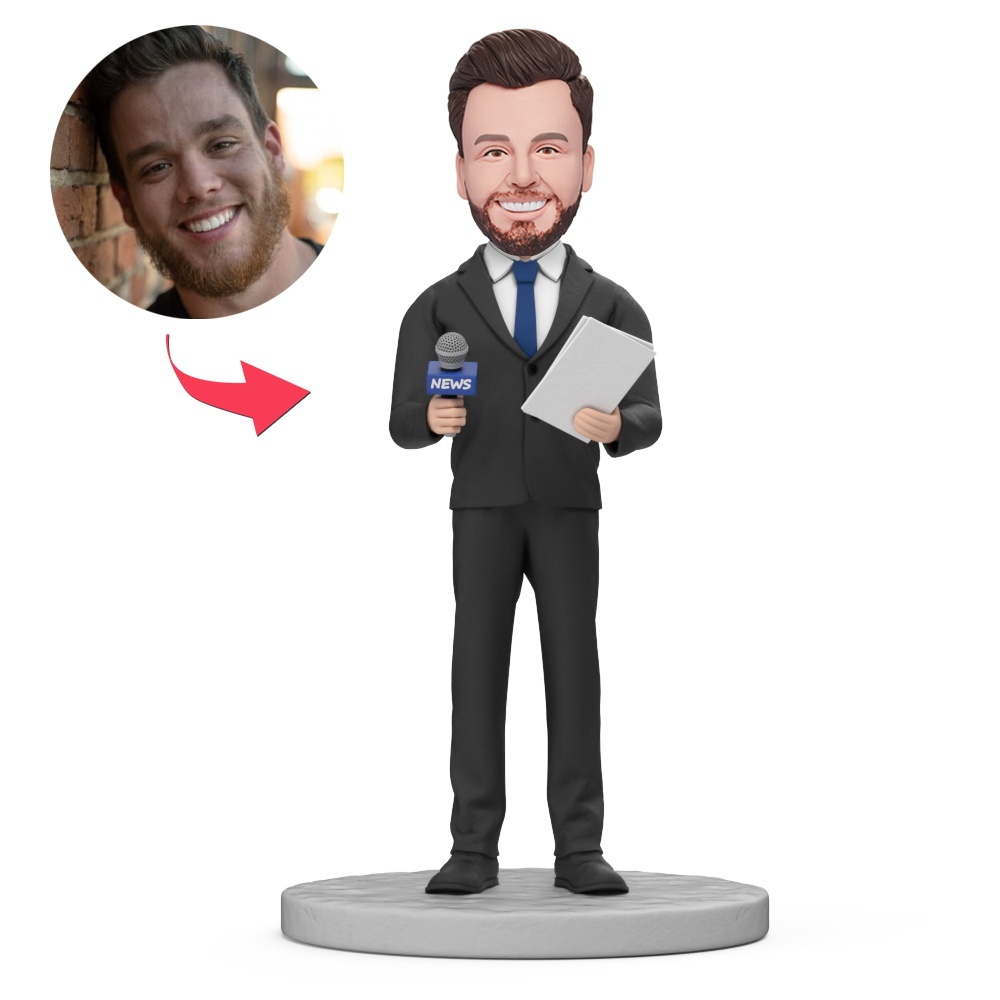 Male News Reporter Holding Microphone Custom Bobblehead With Engraved Text Gift