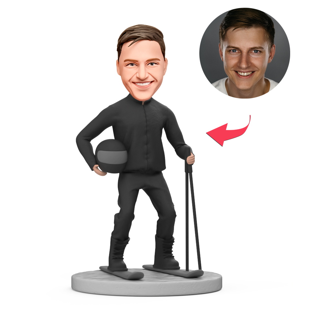 Man Skiing in All Black Holding A Helmet Custom Bobblehead with Engraved Text Gift
