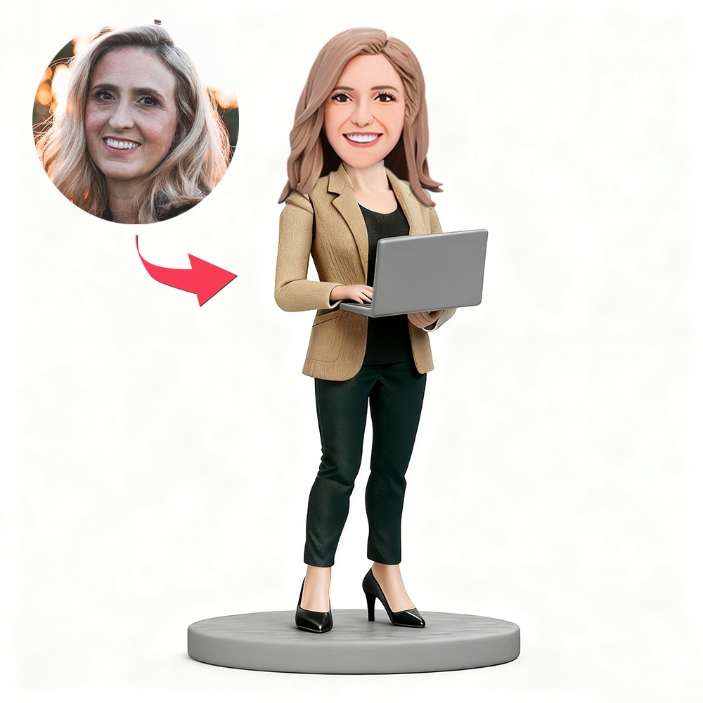 Female Boss in Beige Suit Holding Computer Custom Bobblehead with Engraved Text Gift for Boss's Day