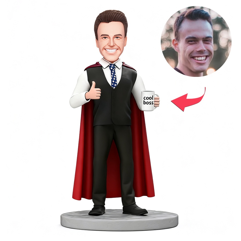 Cool Boss Wearing Cape and Holding Cup Custom Bobblehead With Engraved Text Gift For Boss's Day